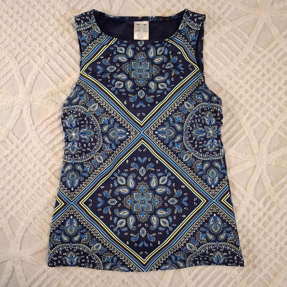 Lands End 6 D High-Neck Navy Blue Bandana Paisley Modest Swim Tankini Top NWT